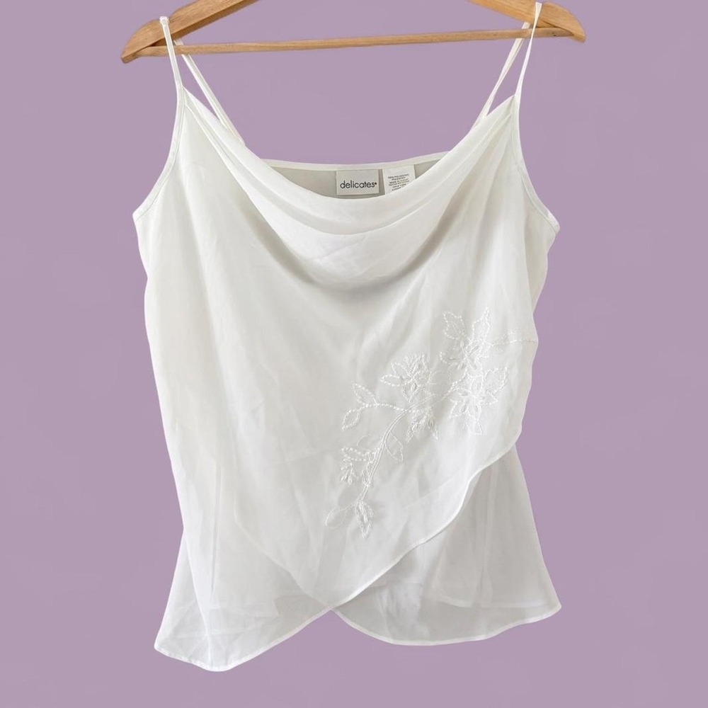 Delicates Women's Large White Sheer Floral Embroidered Layered Cami Top